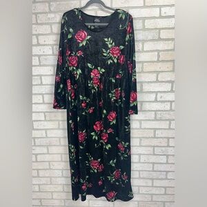 Vintage 90s dark cottage core velvet floral roses long sleeve maxi dress, 18 XL